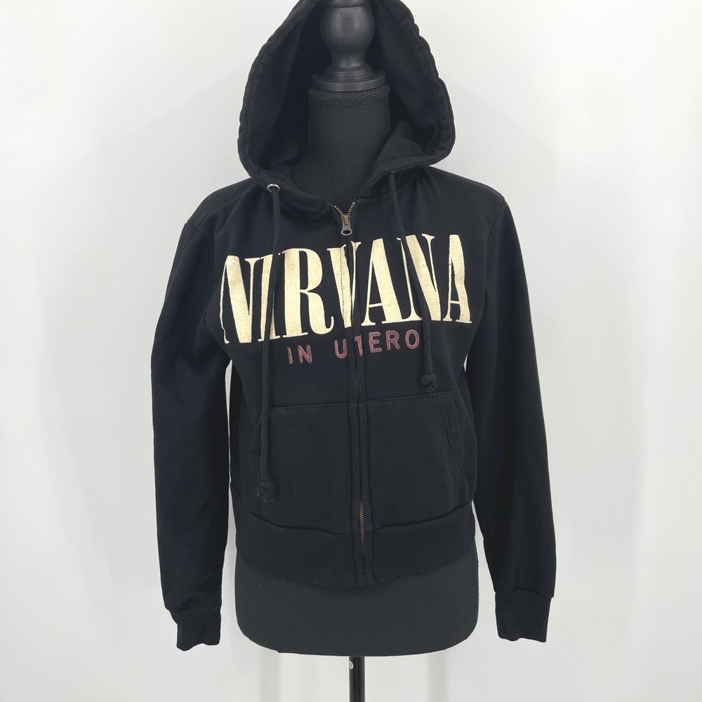 Nirvana Hoodie Womens S Black Cotton In Utero Angel Zip Up Grunge Rock‎ Band Y2K